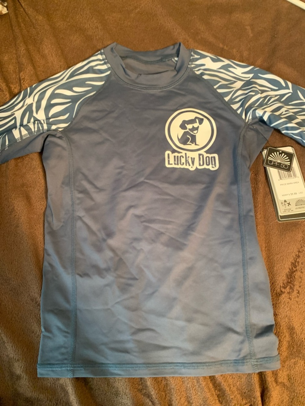 Lucky Dog Blue Rash Guard with Zebra Sleeve Accents